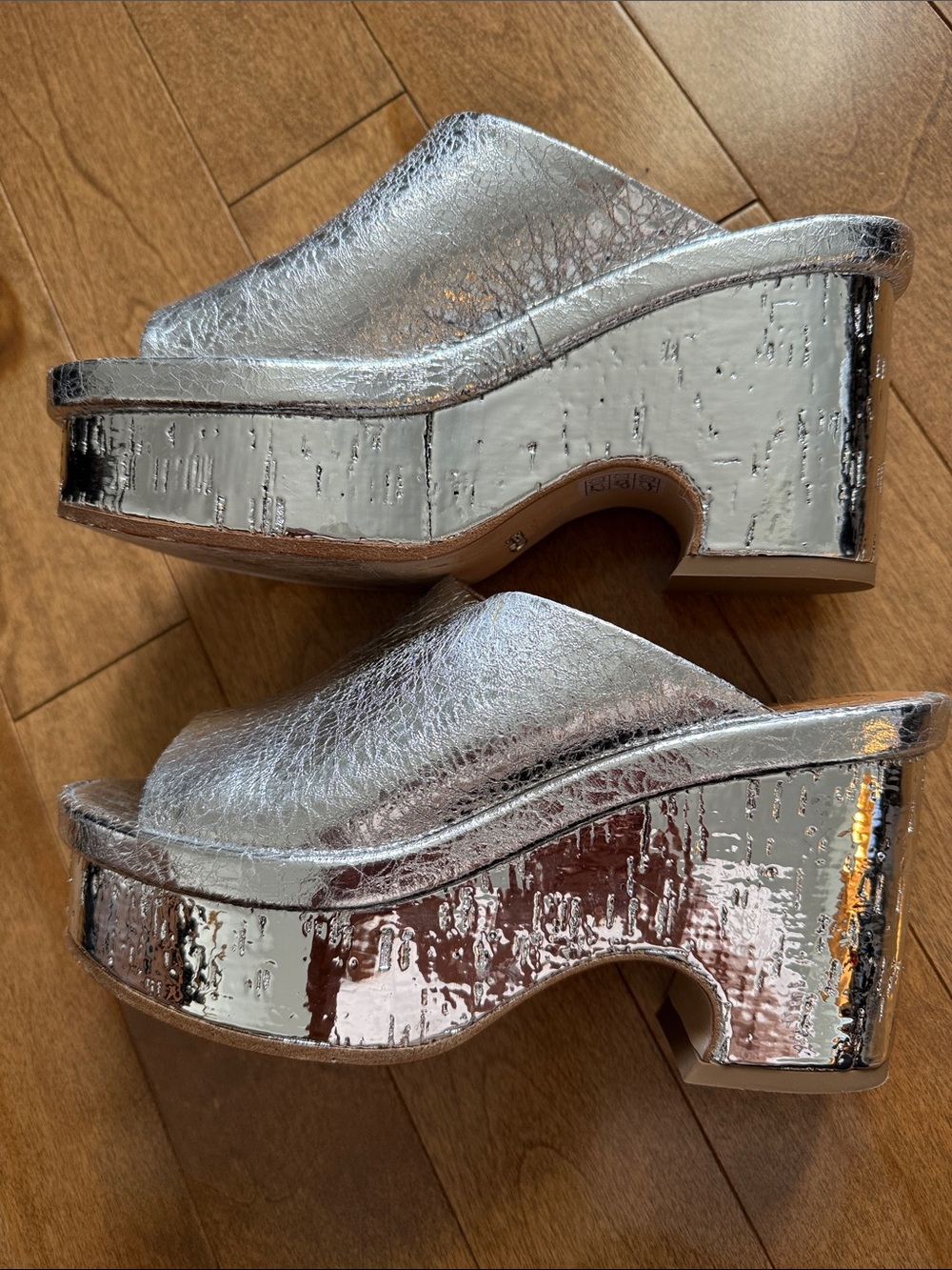 Chloé Metallic Silver Leather Slide Wedge Sandals